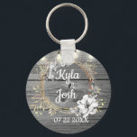 Stringed Lights Wreath Rustic Wedding   Keychain<br><div class="desc">On this stylish party favour wedding keychain is a grey rustic wood backdrop is a chic floral wreath where you can customise it and above that is a string of lights creating farmhouse romantic elegance.  Part of the Stylish Trendy Wedding Gifts Collection</div>