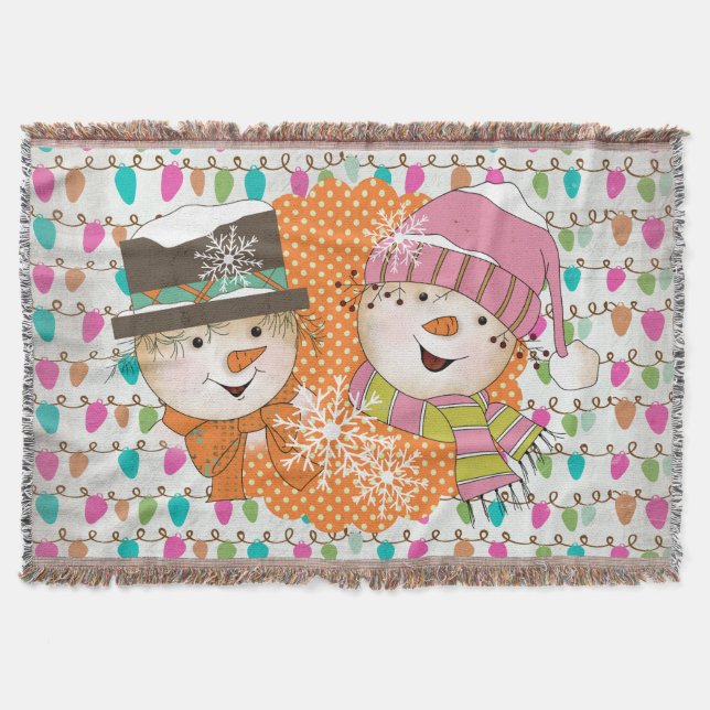 Strings of Lights and Snowmen Holiday Throw Blanket (Front)