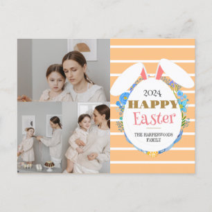 Strip Floral Simple Easter Family Three photo Holiday Postcard