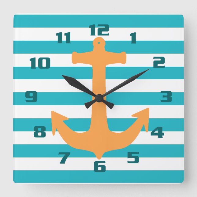 Stripe and Anchor Pattern Nautical Square Wall Clock (Front)
