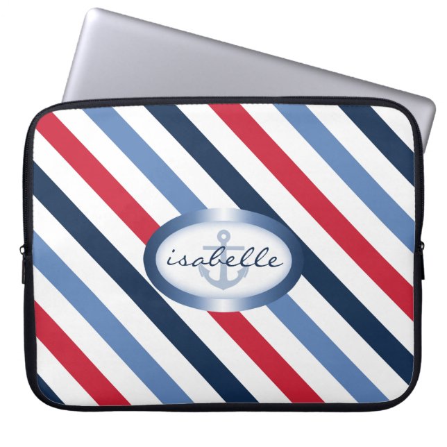 Stripe and Anchor Personalised Nautical Pattern Laptop Sleeve (Front)