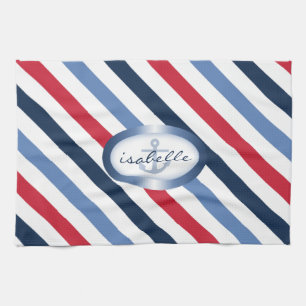 Stripe and Anchor Personalised Nautical Pattern Tea Towel