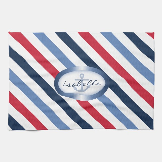 Stripe and Anchor Personalised Nautical Pattern Tea Towel (Horizontal)