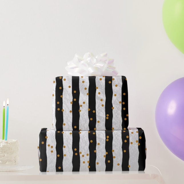 Stripe and Gold Dots on Black Wrapping Paper (Party Gifts)