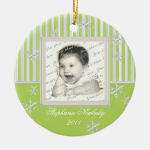 Stripe and Snowflakes Light Green Ceramic Ornament