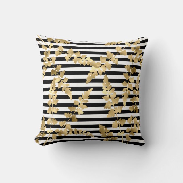 Stripe Black Gold leaf double sided hamptons Cushion (Front)
