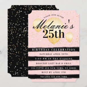 Stripe Black Pink Gold Balloon Birthday Invitation