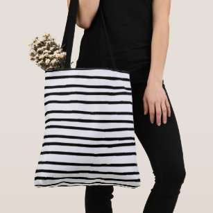 Stripe Black White Skinny Thin Hand Drawn Quirky Tote Bag