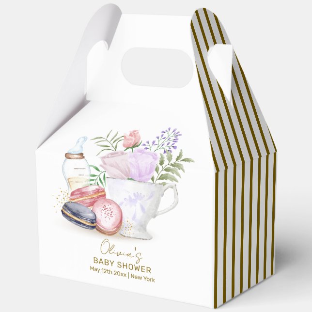Stripe Bonjour Floral Macarons Tea Baby Shower Favour Box (Back)