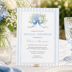 Stripe Bow Blue Hydrangea Flower Bridal Shower Invitation