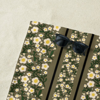 Stripe Dainty Flowers Dusty Fawn Background Beach Towel