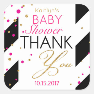 Stripe Gold Glitter Hot Pink Sprinkles Thank You Square Sticker