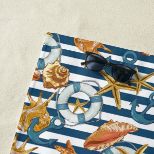Stripe Marine Pattern Anchor Life Line Sea Shells Beach Towel