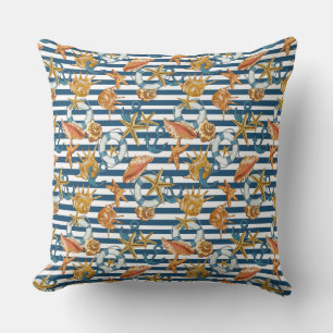 Stripe Marine Pattern Anchor Life Line Sea Shells Cushion