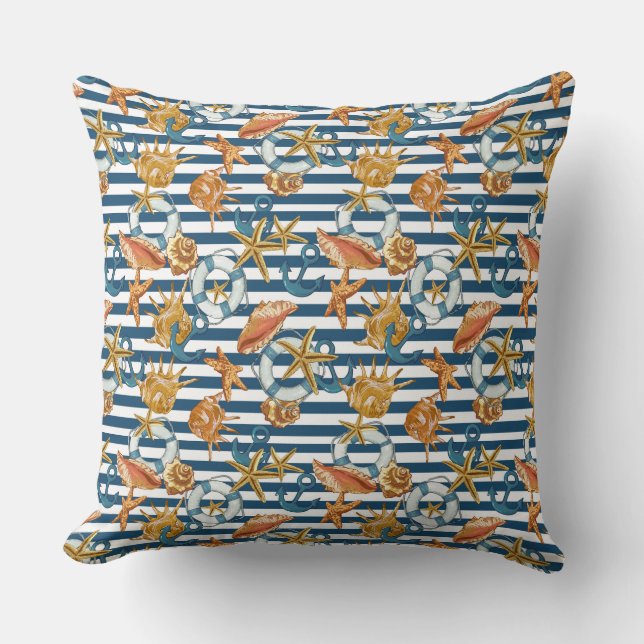 Stripe Marine Pattern Anchor Life Line Sea Shells  Cushion (Front)