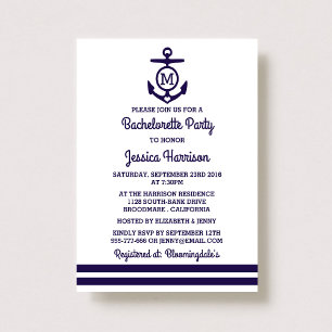 Stripe Monogram Anchor Nautical Bachelorette Party Invitation