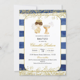 Stripe Navy Blue and Gold Boy Baptism Invitation