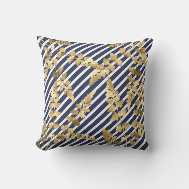 Stripe Navy White Gold leaf double sided hamptons Cushion (Front)
