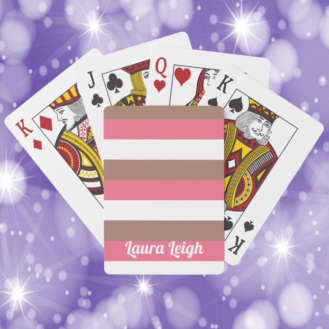 Stripe Pattern Brown Pink White Personalise Playing Cards (A deck of playing cards with pink, brown and white stripes with text that can be personalized!)