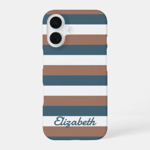 Stripe Pattern Brown Teal White Personalise iPhone 16 Case