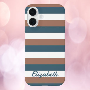 Stripe Pattern Brown Teal White Personalize iPhone 16 Case