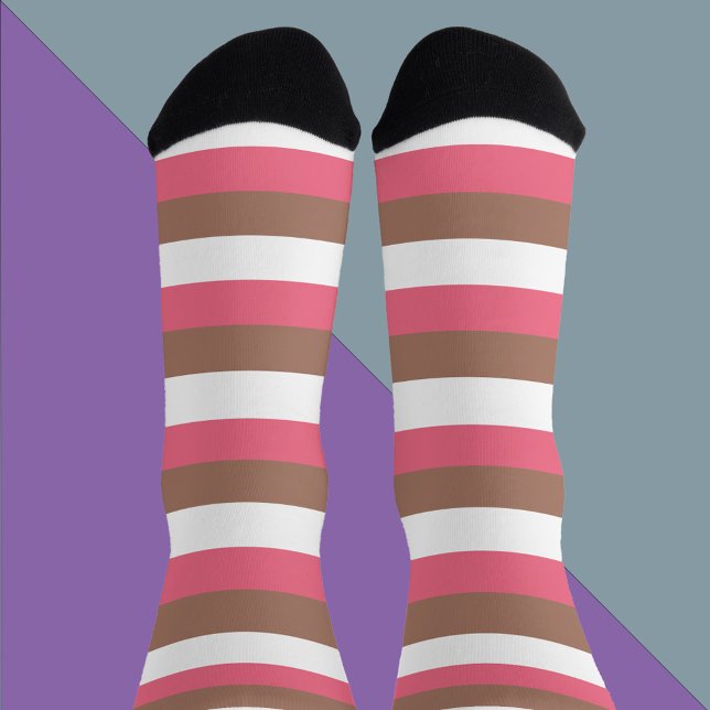 Stripe Pattern Horizontal Brown Pink White Socks (A pair of socks with pink, brown and white stripes)