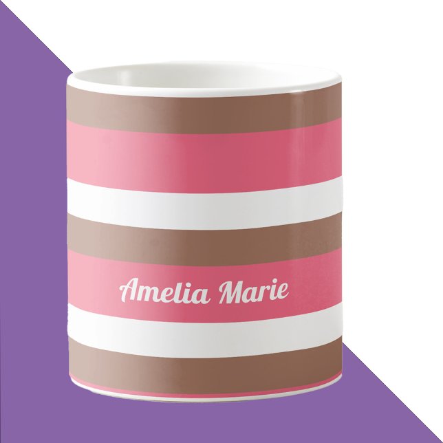 Stripe Pattern Mocha Brown Pink White Personalise Coffee Mug (A mug that has a pink, brown and white stripe pattern with text you can customize!)