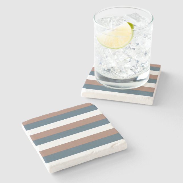 Stripe Pattern Mocha Brown Teal White Stone Coaster (Side)