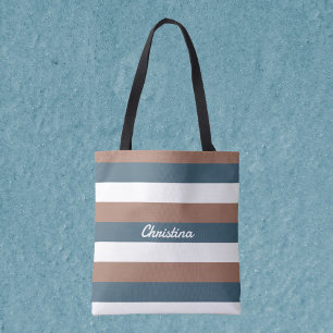 Stripe Pattern Personalise Teal Brown White Tote Bag