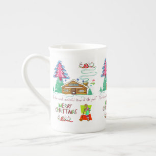 Stripe Red Green Merry Christmas Cleaning Lady Bone China Mug