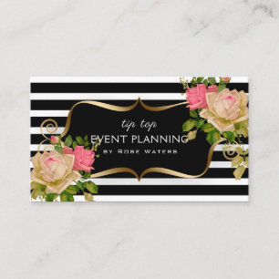 Stripe Rose Flower Gold Frame Business Card