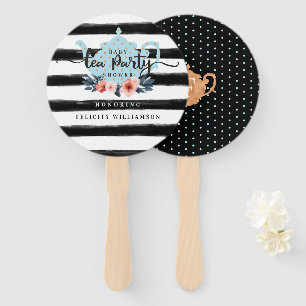 Stripe Vintage Floral Tea Party Boy Baby Shower Hand Fan