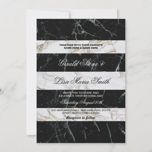 Stripe Wedding Invitations Black & White Marble (Front)