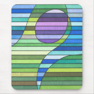 Striped Abstract Green Waves and Purple Circle Mouse Pad
