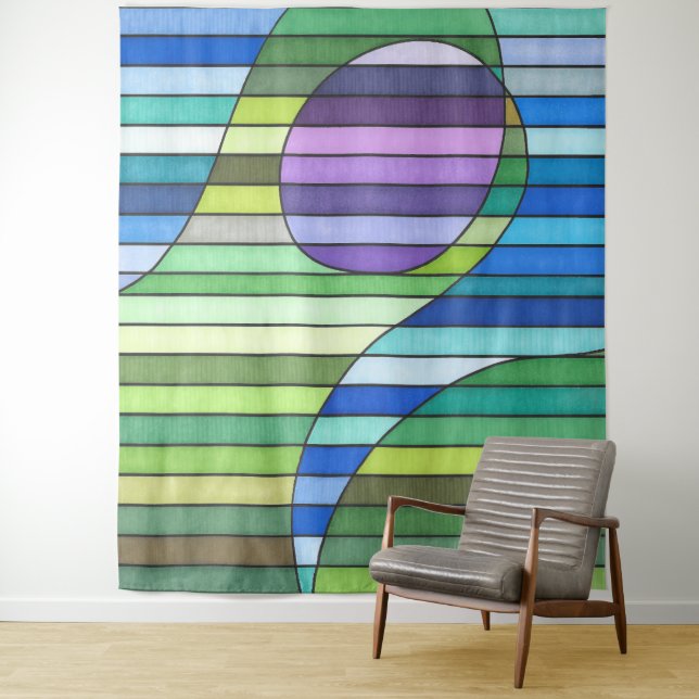 Striped Abstract Green Waves and Purple Circle Tapestry (In Situ)