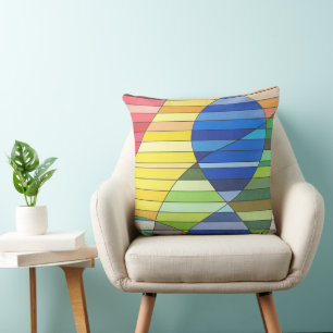 Striped Abstract with Yellow and Blue Shapes Cushion