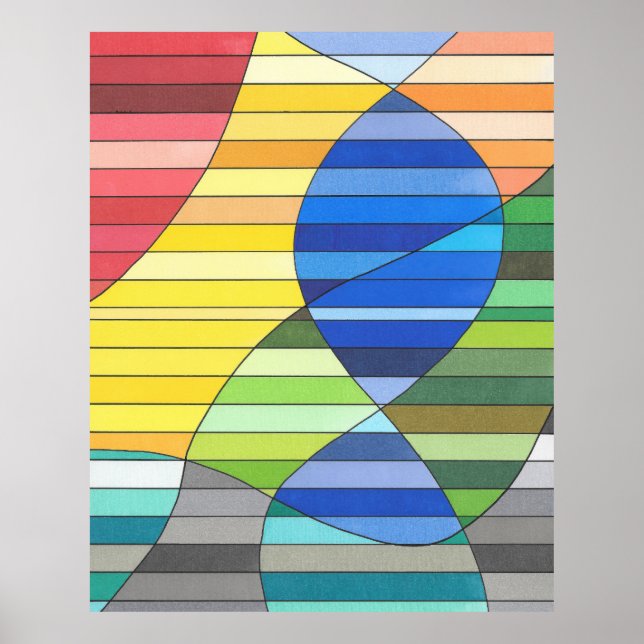 Striped Abstract with Yellow and Blue Shapes Poster (Front)