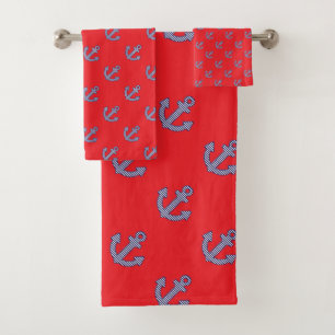 Striped Anchor Repeat Red Bath Towel Set