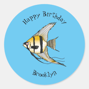 Striped angelfish cartoon illustration classic round sticker