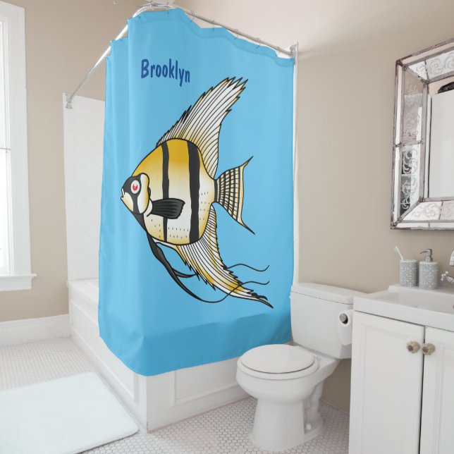 Striped angelfish cartoon illustration shower curtain (In Situ)