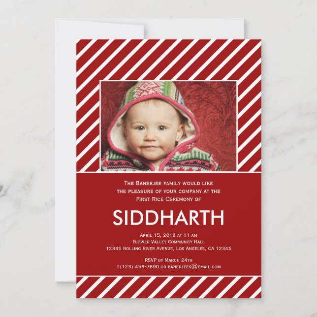 Striped Annaprashan (First Rice) in Red Invitation (Front)