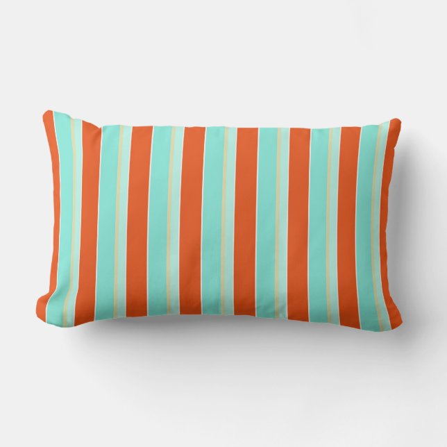 Striped Aqua Blue and Tangerine Orange Lumbar Cushion (Front)