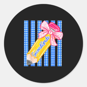 Striped back to school pencil bow second grade classic round sticker