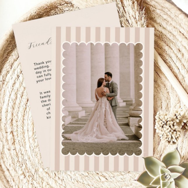 Striped Background and Scalloped Wedding Photo  Thank You Card (Creator Uploaded)