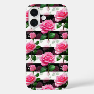 Striped Background Rose Flower Pattern Design  iPhone 16 Case