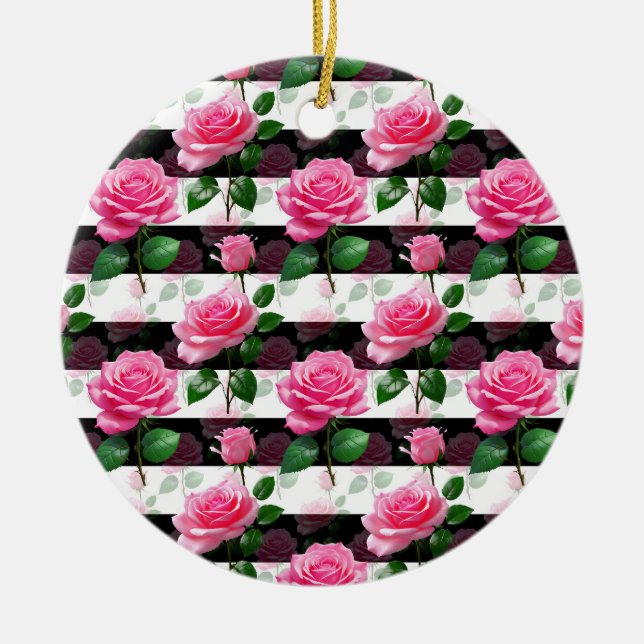 Striped Background Rose Flower Pattern Design  Ceramic Ornament (Front)
