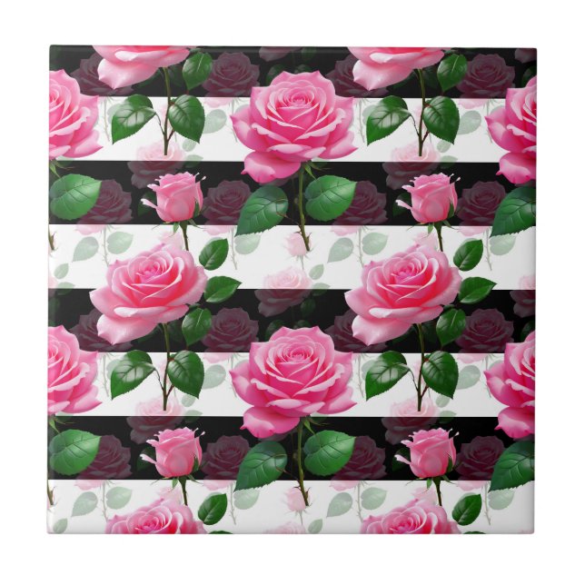 Striped Background Rose Flower Pattern Design  Ceramic Tile (Front)