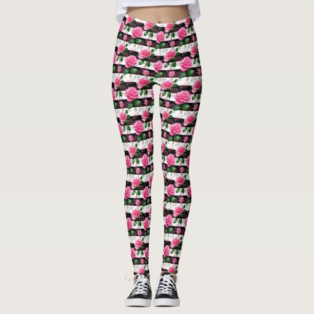 Striped Background Rose Flower Pattern Design  Leggings (Front)