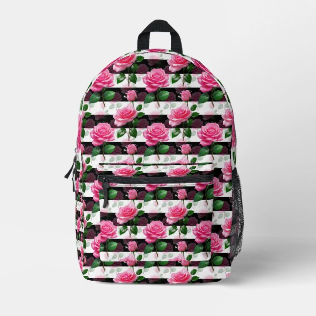 Striped Background Rose Flower Pattern Design  Printed Backpack (Front)