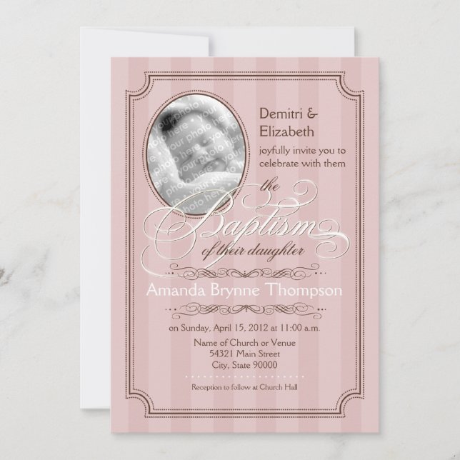 Striped Baptism Invitation (Pale Pink) (Front)